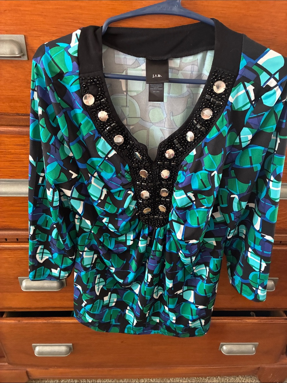 Embellished V-Neck Blouse in Green & Blue by